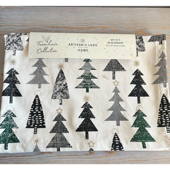 Set of Four Cream Placemats With Pattern of Varied Green Pine Trees - NWT - Picture 1 of 7
